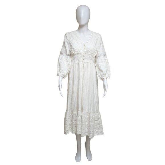 ANTHROPOLOGIE Ebba White Eyelet Midi Peasant Dress with Button Front - Picture 5 of 10